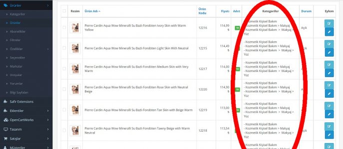 Opencart Admin Ürün Kategori Filtreleme